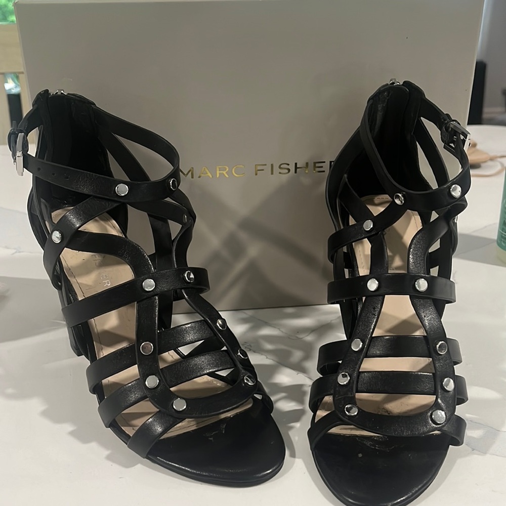 Marc Fisher Black Leather Lusa Studded Heel - Size 7.5